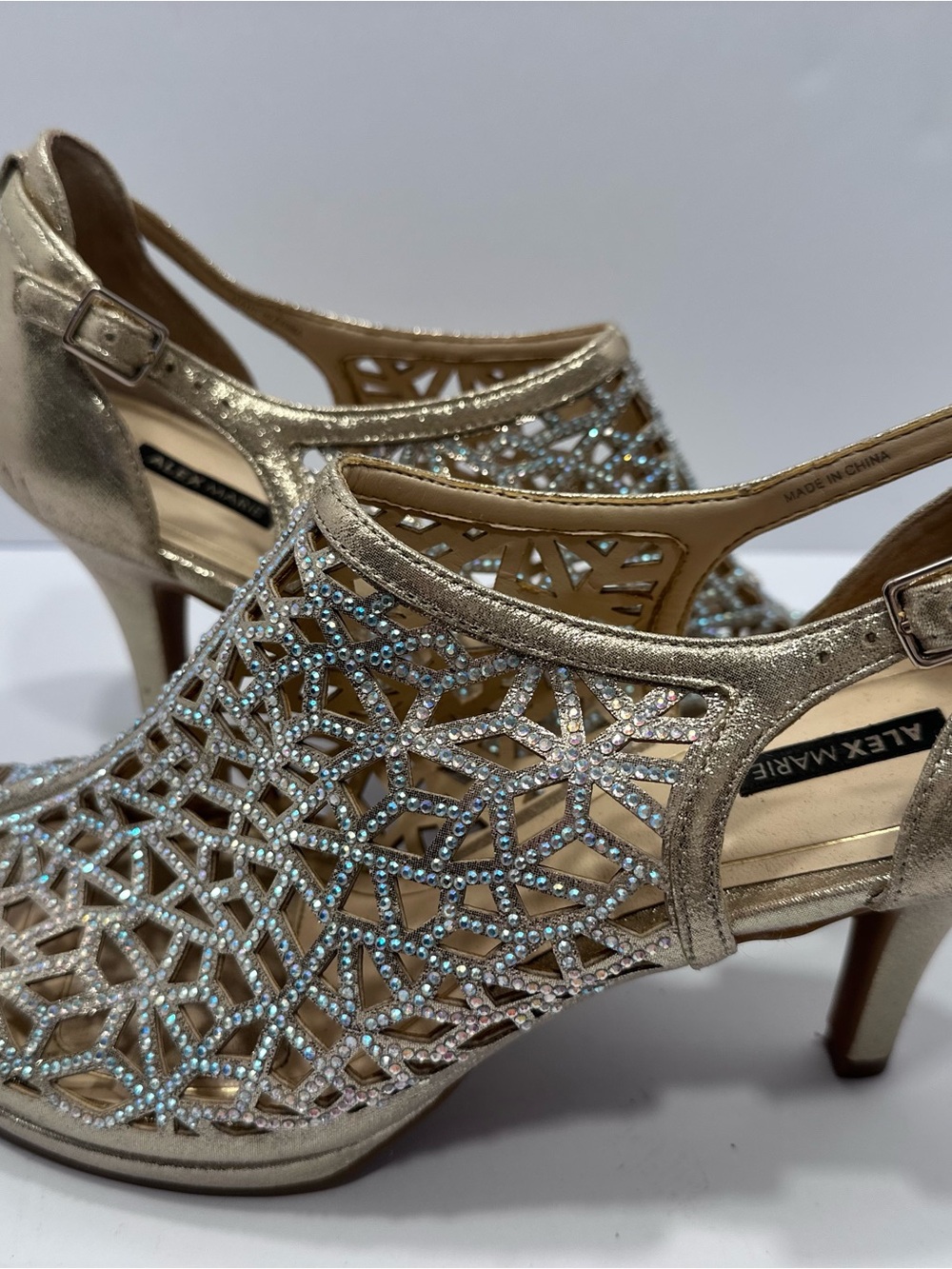 Alex Marie Metallic Gold/Champagne Rhinestone Cutout Slingback Heels Women’s 10M